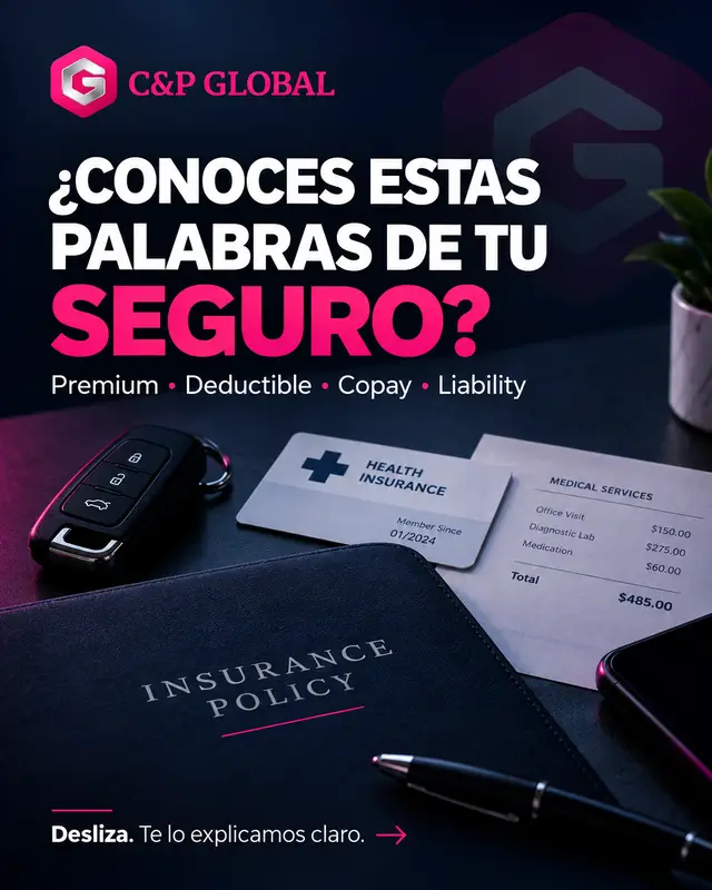 Son cuatro términos que debes entender antes de elegir una póliza porque influyen en lo que pagas y en cómo funciona tu cobertura. Los montos y condiciones dependen de cada plan. ¿Cuál de estas palabras te confundía más? #ComoFuncionaUnSeguro #PremiumDeSeguro #DeducibleDeSeguro #Copay #LiabilityInsurance #InsuranceEnEspañol #CAndPGlobalInsurance