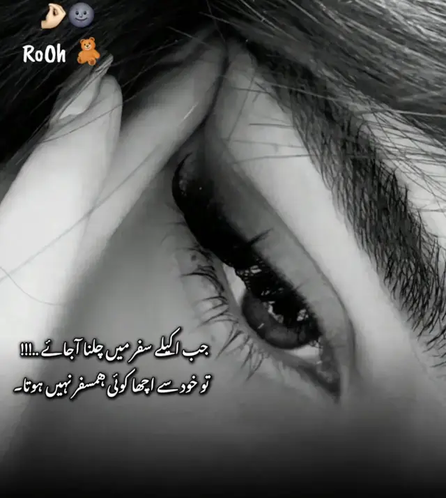 پھر راستوں کی خاموشی بھی اپنی سی لگتی ہے، اور کسی کے ساتھ کی کمی محسوس نہیں ہوتی۔ کچھ لوگ ساتھ رہ کر بھی تنہا کر جاتے ہیں، اس لیے تنہائی سے دوستی کر لی ہم نے، اب خود ہی راستہ ہیں، خود ہی منزل، اور خود ہی ہمسفر۔ 🖤🧸 سچ کہا ہے کے خود سے اچھا ہمسفر کوئی اور نہیں 💯🍂
