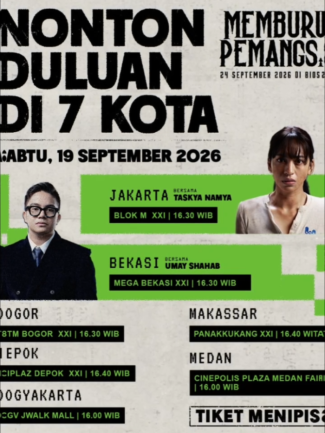Udah pada siap belum nih nonton duluan di 7 kota ini‼️Jangan sampai ketinggalan guys besok🔥✨️🙌 #MemburuPemangsa#FilmMemburuPemangsa #SinemakuPictures #umayshahab #jj 