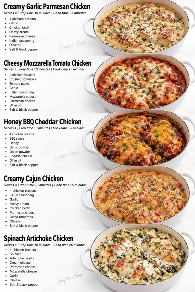🍗 5 Saucy & Cheesy Chicken Recipes You’ll Want to Make on Repeat Creamy sauces, plenty of melted cheese and tender chicken make these easy recipes perfect for comforting family meals and weeknight cooking. 1️⃣ Creamy Garlic Parmesan Chicken 📝 Ingredients — Serves 4 • 4 boneless, skinless chicken breasts (about 1½ lb/680g) • 1 tsp garlic powder • ½ tsp Italian seasoning • ¾ tsp salt • ½ tsp black pepper • 1 tbsp (15ml) olive oil • 2 tbsp (28g) unsalted butter • 4 garlic cloves, finely minced • 1 cup (240ml) low-sodium chicken broth • 1 cup (240ml) heavy cream • ¾ cup (75g) finely grated Parmesan • ½ tsp Italian seasoning • 2 tbsp chopped fresh parsley 👩‍🍳 Method 1. If the chicken breasts are very thick, slice them horizontally or pound them to an even ¾-inch thickness so they cook evenly. 2. Pat the chicken dry. Season both sides with garlic powder, Italian seasoning, salt and pepper. 3. Heat olive oil in a large skillet over medium-high heat. 4. Add chicken and cook for about 4–5 minutes per side, until golden. It doesn't need to be completely cooked yet. Transfer to a plate. 5. Reduce heat to medium. Add butter and garlic to the same skillet and cook for about 30 seconds, just until fragrant. 6. Pour in chicken broth and scrape up the browned bits from the bottom of the skillet. 7. Add heavy cream and Italian seasoning. Bring to a gentle simmer—not a rapid boil. 8. Stir in Parmesan a little at a time until melted and the sauce is smooth. 9. Return chicken and any juices to the skillet. Simmer gently for 5–8 minutes, until the sauce thickens enough to coat a spoon and the chicken reaches 165°F (74°C). 10. Finish with parsley and extra Parmesan if desired. 2️⃣ Cheesy Mozzarella Tomato Chicken 📝 Ingredients — Serves 4 • 4 boneless, skinless chicken breasts (about 1½ lb/680g) • 1 tsp Italian seasoning • 1 tsp garlic powder • ¾ tsp salt • ½ tsp black pepper • 1 tbsp (15ml) olive oil • 3 garlic cloves, minced • 1 can (14.5 oz/411g) crushed tomatoes • 2 tbsp (30g) tomato paste • ½ tsp dried oregano • ½ tsp dried basil • ¼ tsp red pepper flakes, optional • 1½ cups (170g) shredded mozzarella • ¼ cup (25g) grated Parmesan • Fresh basil, for serving 👩‍🍳 Method 1. Preheat oven to 400°F (200°C). 2. Pat chicken dry and season with Italian seasoning, garlic powder, salt and pepper. 3. Heat olive oil in an oven-safe skillet over medium-high heat. 4. Sear chicken for 3–4 minutes per side until nicely browned. Transfer temporarily to a plate. 5. Reduce heat to medium. Add garlic and cook for 30 seconds. 6. Stir in crushed tomatoes, tomato paste, oregano, basil and red pepper flakes. 7. Simmer for 4–5 minutes until the tomato sauce thickens slightly. 8. Return chicken to the skillet and spoon some sauce over each piece. 9. Sprinkle mozzarella and Parmesan generously over the chicken. 10. Transfer to the oven and bake for 10–15 minutes, until the chicken reaches 165°F (74°C). 11. Broil for 1–2 minutes if you want browned, bubbling cheese. Watch closely. 12. Finish with fresh basil before serving. 3️⃣ Honey BBQ Cheddar Chicken 📝 Ingredients — Serves 4 • 4 boneless, skinless chicken breasts (about 1½ lb/680g) • 1 tsp smoked paprika • 1 tsp garlic powder • ½ tsp onion powder • ¾ tsp salt • ½ tsp black pepper • 1 tbsp (15ml) olive oil For the Honey BBQ Sauce: • ¾ cup (180ml) BBQ sauce • 3 tbsp (60g) honey • 1 tsp apple cider vinegar • ½ tsp smoked paprika For Topping: • 1½ cups (170g) shredded sharp cheddar • 2 green onions, thinly sliced 👩‍🍳 Method 1. Preheat oven to 400°F (200°C). 2. Pat chicken dry. Season both sides with smoked paprika, garlic powder, onion powder, salt and pepper. 3. Heat olive oil in an oven-safe skillet over medium-high heat. 4. Sear chicken for 3–4 minutes per side until browned. 5. In a small bowl, combine BBQ sauce, honey, apple cider vinegar and smoked paprika. 6. Reduce heat to low and pour the sauce around and over the chicken. 7. Turn each piece once so it's evenly coated. 8. Sprinkle cheddar generously over the chicken. #Chicken #Cheese #Recipes