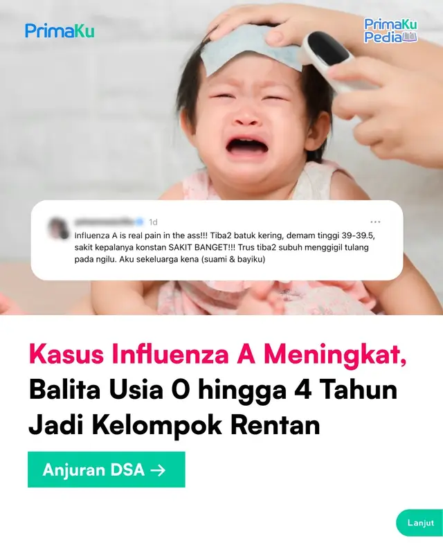 Belakangan, kasus influenza A sedang naik sampai beberapa anak harus dirawat di rumah sakit. Justru di momen seperti ini, penting untuk MomDad tetap memantau dan waspada akan bahaya penyebaran influenza A. Salah satu caranya dengan melengkapi vaksinasi anak sebagai langkah pencegahan yang paling direkomendasikan. Selain vaksinasi, MomDad juga bisa lakukan langkah pencegahan lain di rumah, seperti rutin cuci tangan pakai sabun atau hand sanitizer, biasakan tutup mulut & hidung pakai tisu/siku saat bersin atau batuk, hindari berbagi alat makan-minum, jaga jarak dari orang yang sedang sakit flu, dan pastikan si Kecil istirahat cukup serta makan bergizi seimbang. Biar edukasinya semakin jelas, yuk, simak penjelasan dr. Yuni Astria, Sp.A berikut! Sudahkah MomDad lengkapi jadwal vaksin influenza si Kecil?  #PrimaKu #AdauntukMomDad #InfluenzaA #Vaksinasi