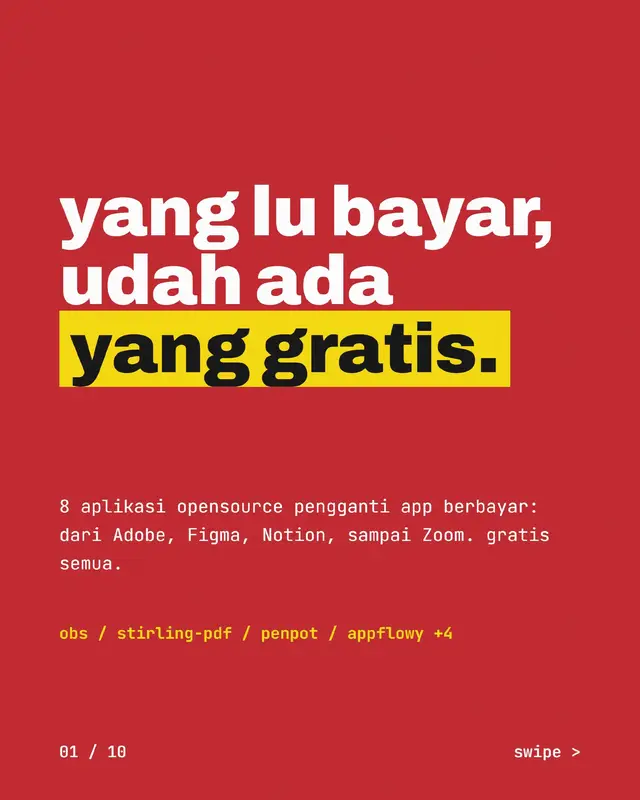 Makin sering lihat tagihan langganan, makin sadar kalau banyak yang bisa diganti gratisan. Yang paling sering kelewat: — bayar app desain padahal alternatifnya udah matang — bayar PDF editor padahal cuma butuh merge dan compress — bayar Notion padahal catatannya nggak pernah dipakai kolaborasi 8 app di slide ini gue kumpulin — semua opensource, semua gratis, beberapa malah lebih bagus dari versi berbayarnya. Lumayan menarik buat yang suka ngulik open source, hemat pengeluaran, dan ganti app berbayar. 👀 #opensource #freeapps #github #alternatives #productivity     