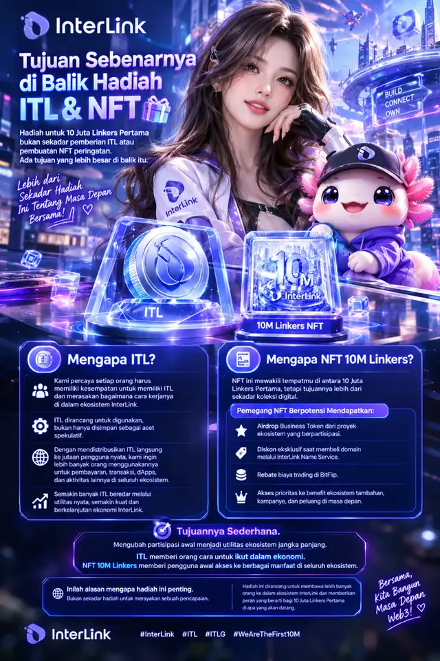 Apa sebenarnya tujuan di balik hadiah untuk 10 Juta Linkers Pertama? 🌍 ITL dirancang bukan hanya untuk dimiliki, tetapi untuk digunakan dalam ekosistem InterLink—mulai dari pembayaran, transaksi, dApps, hingga berbagai aktivitas digital lainnya. Sementara itu, NFT 10M Linkers menjadi simbol perjalanan para pengguna awal sekaligus akses menuju berbagai manfaat ekosistem di masa depan. 💎 Mengapa ITL? Memberikan kesempatan kepada lebih banyak orang untuk memiliki dan merasakan langsung manfaat ITL dalam ekosistem nyata. 🪪 Mengapa NFT 10M Linkers? Lebih dari sekadar koleksi digital. NFT ini merepresentasikan peran pengguna awal dalam perjalanan InterLink. ✨ Tujuannya sederhana: mengubah partisipasi awal menjadi utilitas ekosistem jangka panjang. ITL membawa orang masuk ke dalam ekonomi digital. NFT 10M Linkers membuka pintu menuju berbagai peluang dan manfaat di masa depan. 🚀 Bersama kita membangun masa depan Web3! #InterLink #ITL #ITLG #WeAreTheFirst10M