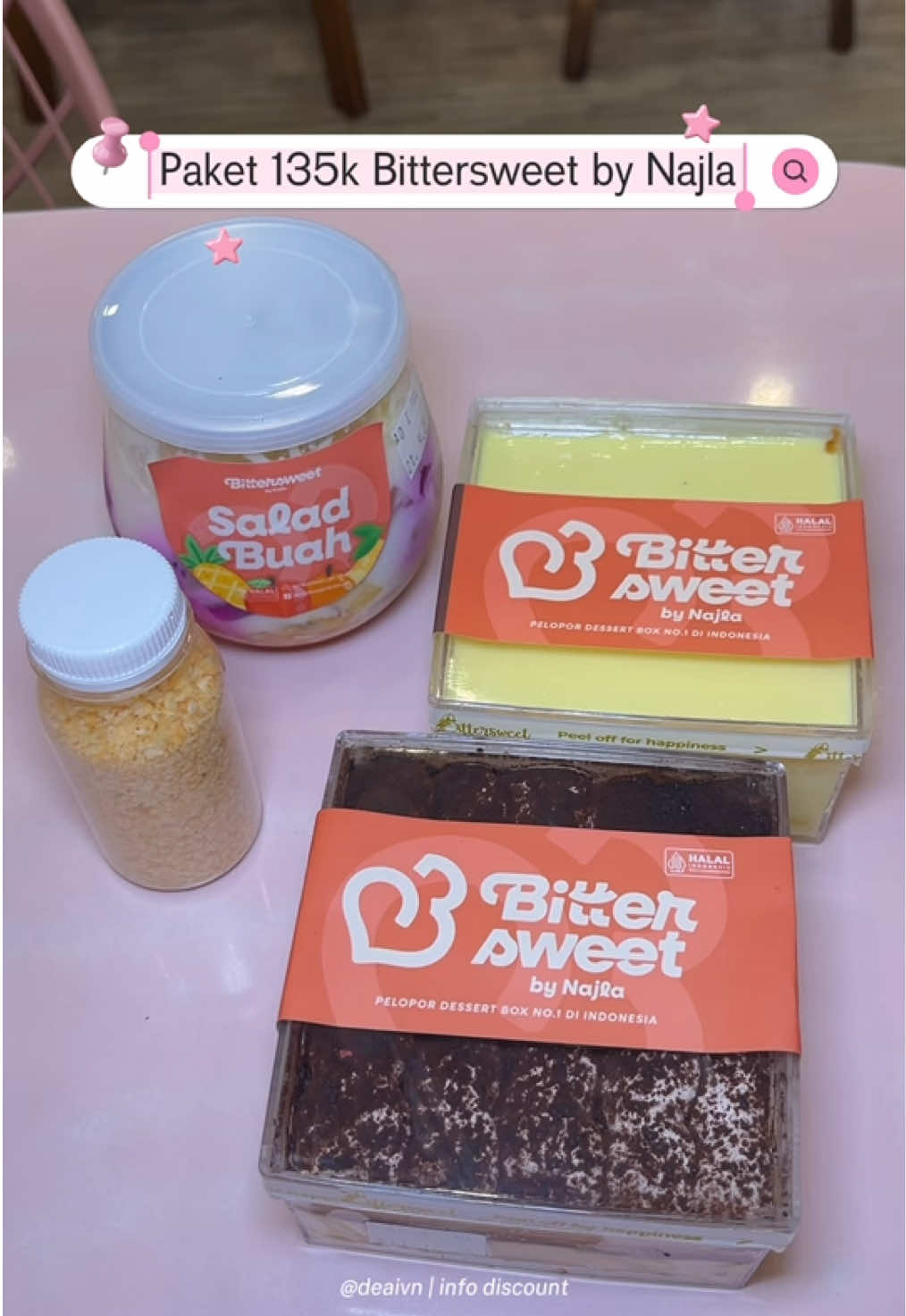 Asli jadi lebih hemat 135k dapet bundling salad buah, say cheese dessert box sama tiramisu dessert box!😋❤️ #bittersweetbynajla #saladbuah #cheese #tiramisu #promobittersweetbynajla 