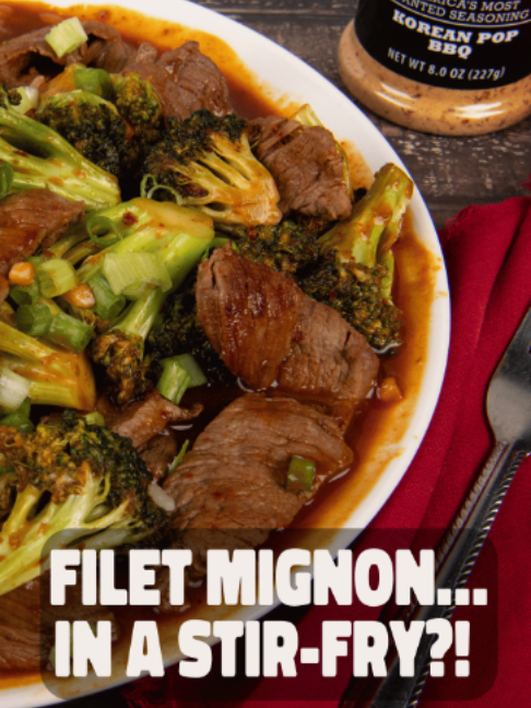FILET MIGNON. IN A STIR-FRY. 👀🔥 Yeah, we went there. Tender filet mignon, crisp broccoli, and a sweet, savory Korean BBQ flavor that makes regular beef and broccoli look a little boring. 😂 We hit it with our NEW Korean Pop BBQ and turned it into a stir-fry that is loaded with flavor from the first bite to the last. Filet mignon stir-fry? I’m saying YES. 🔥 Get the full recipe here: Ingredients 3 tbsp Dan-O’s Outlaw Korean Pop BBQ' 8 oz filet mignon, thinly sliced 1 head broccoli, cut into florets 1 tbsp high-heat cooking oil 2 tbsp gochujang 4 tbsp soy sauce 1 tbsp rice wine vinegar 1 tbsp mirin 1 tsp sesame oil 1 tbsp garlic, chopped ¼ cup water 1 green onion, sliced 1 cup cooked sticky white rice Preparation Instructions Slice the Filet Mignon: Thinly slice the filet mignon into small, even pieces. For easier, more consistent slices, briefly chill the filet in the freezer to help firm up the meat before cutting. Prepare the Broccoli: Cut the broccoli into florets and set aside while you prepare the stir-fry sauce. Make the Korean Pop Stir-Fry Sauce: Add the gochujang, soy sauce, rice wine vinegar, mirin, sesame oil, and Dan-O’s Outlaw Korean Pop BBQ to a bowl. Stir until thoroughly combined, then set the sauce aside. Heat the Pan: Heat a large wok-style pan over high heat. Add the high-heat cooking oil and allow the pan to get hot before adding the remaining ingredients. Cook the Garlic and Broccoli: Add the chopped garlic to the hot pan and cook for about 20 seconds. Add the broccoli and some of the prepared sauce, then toss until the broccoli is coated. Add the water and cook for about 1½ minutes, until the broccoli begins to soften. Continue cooking for about 1 additional minute. Add the Filet Mignon: Arrange the thinly sliced filet mignon around the sides of the pan, then add the remaining sauce. Toss the filet mignon and broccoli together and cook for approximately 4 minutes, until the beef is cooked and everything is evenly coated in the sauce. Prepare the Green Onion: While the filet mignon and broccoli finish cooking, slice the green onion and set it aside for serving. Serve: Spoon the sticky white rice onto plates or bowls and top with the filet mignon and broccoli stir-fry. Finish with the sliced green onion, and Yum Yum Get Ya Sum!