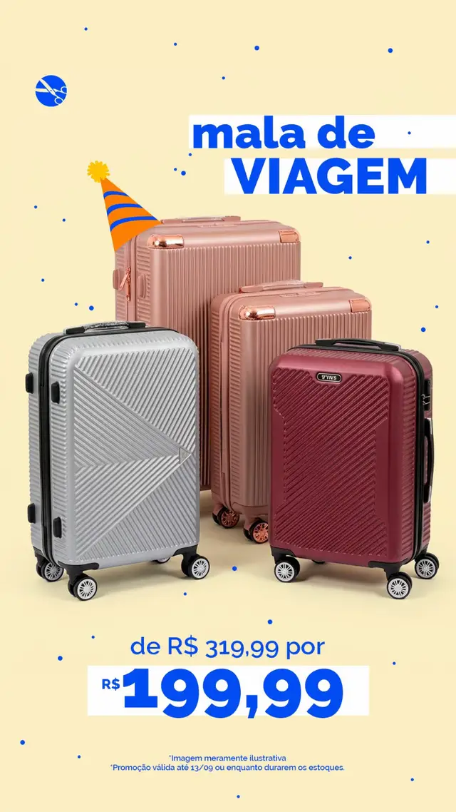 Na pré-festa de aniversário da Tesoura de Ouro, tem oferta que dá vontade de fazer as malas e partir! 🧳De R$319,99 por apenas R$199,99. Escolha sua favorita, prepare o look e aproveite enquanto durar o estoque! Tá na moda comemorar!🎉  #TesouraDeOuro #TaNaModaComemorar #Ofertas #Viagem #Achadinhos