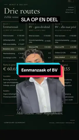 €100.000 winst. Maar hoeveel daarvan kun jij écht gebruiken? 💰 Een eenmanszaak, winst laten staan in je BV of dividend uitkeren naar privé: drie keuzes met verschillende gevolgen voor je belasting, cashflow en vermogensopbouw. Geld in je BV is niet hetzelfde als netto geld op je privérekening. Daarom begint een slimme fiscale strategie bij jouw doelen: → Hoeveel heb je privé nodig? → Hoeveel wil je herinvesteren? → Welke ondernemersstructuur past bij je risico’s en groeiplannen? Binnen Compound Quadrant verbinden we boekhouding, fiscaliteit, financiële sturing en vermogensopbouw. Zodat je keuzes maakt vanuit één strategie. Wil je weten welke structuur bij jouw onderneming past? Stuur ‘STRUCTUUR’ in een DM.