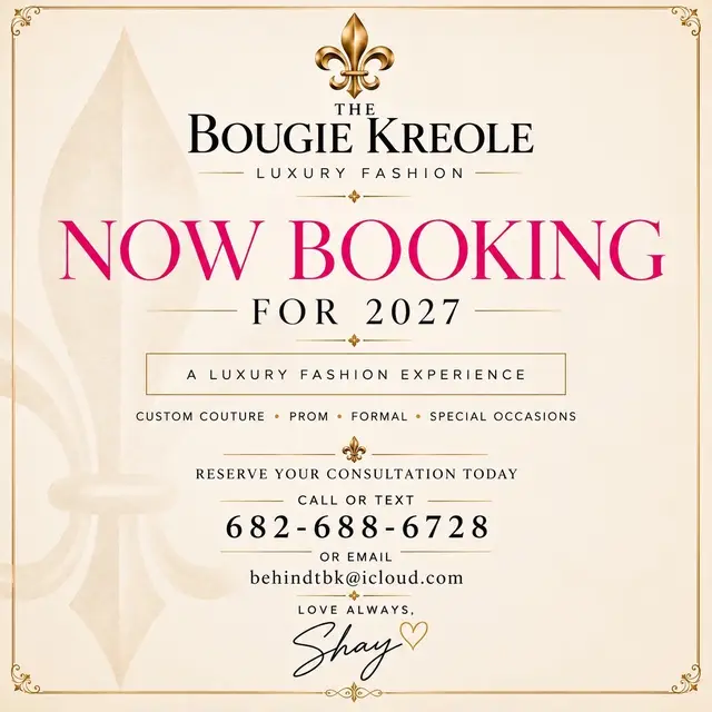 To begin the booking process, all clients are required to complete a consultation. My assistant, Amie, handles our consultations, booking details, availability, and initial client correspondence. ✨ Not local? No problem! The Bougie Kreole offers virtual consultations and worldwide shipping, allowing us to create custom looks for clients no matter where you’re located. Please contact Amie directly: Phone: 682-688-6728 Email: behindtbk@icloud.com When reaching out, please include your name, event date, location, type of garment you’re interested in, and any inspiration photos you may have. Amie will guide you through the next steps, including consultation scheduling, availability, measurements, and booking information. We look forward to bringing your vision to life! The Bougie Kreole Where Creativity Builds Confidence.