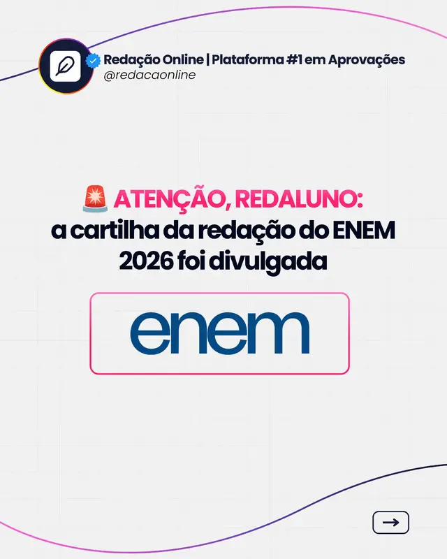 🚨 ATENÇÃO, REDALUNO: a Cartilha da Redação do ENEM 2026 foi divulgada! E se você vai fazer a prova este ano, esse é um documento que merece a sua atenção. A cartilha detalha o que o ENEM espera da sua redação, como funciona a avaliação e quais cuidados podem fazer diferença na sua nota. No carrossel, reunimos os principais pontos para você entender as orientações e chegar à prova sabendo exatamente o que precisa entregar. 📌 Salve este post para consultar nos próximos treinos e envie para quem também vai fazer o ENEM 2026. E lembre: conhecer as regras é importante. Treinar seguindo essas regras é o que prepara você para aplicá-las no dia da prova. 💥 70% OFF em todos os planos 🎟️ Cupom: PREPARA70 🔗 Link na bio #enem2026 #redacaoenem #redacao #enem #vestibulando