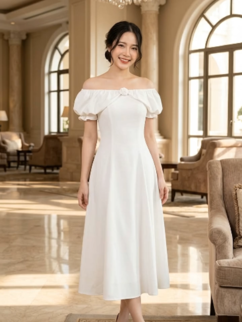 เดรสยาว ปาดไหล่ ทรงเอไลน์ #เดรสน่ารักๆ #ชุดเดรส #ootd #ootdfashion #คลาสแฟชั่น