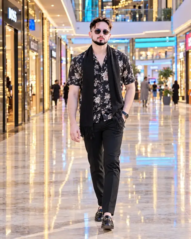 Ultra-Realistic Mall Fashion Portrait Prompt Use the uploaded reference image as the primary and exact facial identity reference. Preserve the person’s identity faithfully — same face shape, facial proportions, eyes, eyebrows, nose, lips, jawline, ears, skin tone, hairstyle, beard/stubble, and natural skin texture. Do not beautify, reshape, age, de-age, or alter the face. No identity drift.Create an ultra-photorealistic full-body fashion portrait of the same young man confidently walking toward the camera inside a luxury modern shopping mall. Outfit: black short-sleeve floral-print shirt with a subtle open collar, elegant black scarf draped naturally around the neck, fitted black trousers, premium black loafers with a metallic/gold horsebit-style detail, and a black wristwatch. One hand casually placed inside the trouser pocket while the other arm hangs naturally as he walks.Relaxed, confident masculine expression, looking directly toward the camera. Background: spacious upscale shopping mall interior with glossy reflective marble floors, luxury storefronts, illuminated ceiling strips, colorful retail signage, warm golden lights, blue/cyan accent lighting, distant shoppers softly blurred, and strong cinematic reflections on the floor. Create a premium luxury-fashion atmosphere.Photography: full-body composition, vertical 4:5, subject centered, realistic walking pose, natural body proportions, eye-level camera, 85mm portrait lens, f/2.0, shallow depth of field, creamy background bokeh, cinematic HDR lighting, realistic shadows and reflections, highly detailed fabric and hair, natural skin pores and texture, professional DSLR fashion photography.Quality: ultra-realistic, photorealistic, 8K UHD, HDR, crisp facial details, realistic colors, premium editorial fashion photography, natural lighting, no CGI, no cartoon effect, no plastic skin, no excessive smoothing, no artificial face enhancement.@aleena 