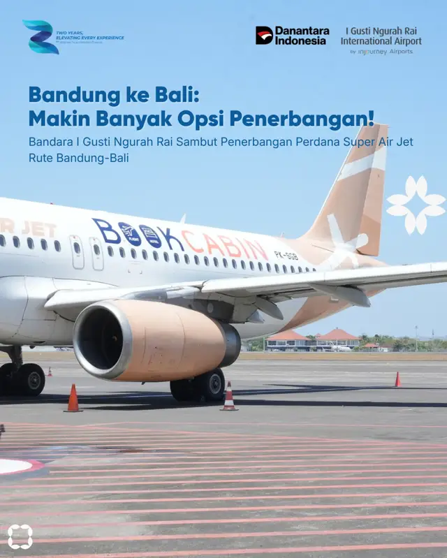 Sampurasun! Siap-siap bikin rencana liburan impulsif makin gampang? Soalnya kabar bahagia hadir lagi nih di Bandara I Gusti Ngurah Rai Bali! ✈️💨 Sekarang, konektivitas udara Pulau Dewata dan Kota Kembang rasanya cuma selemparan senyuman. Per 18 September, Super Air Jet meluncurkan rute anyar Bali (DPS) – Bandung (BDO). Artinya, mau tukar suasana dari ademnya kebun teh Ciwidey ke cantiknya sunset Pantai Kuta, atau dari makan Pie Susu ke kulineran di Bandung, tinggal duduk manis di pesawat! Yuk, jadwalkan liburanmu sekarang juga! Matur suksma dan hatur nuhun buat seluruh #SahabatBaliAirport yang selalu setia bersama kami. ✈️❤️ #AngkasaPuraIndonesia #InJourneyAirports #BaliAirport #inauguralflight