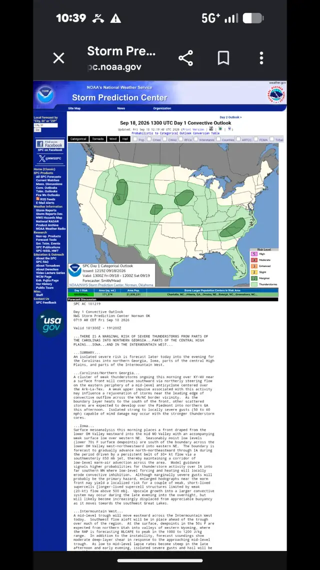 here's the latest chance of severe storms from the Storm prediction center 