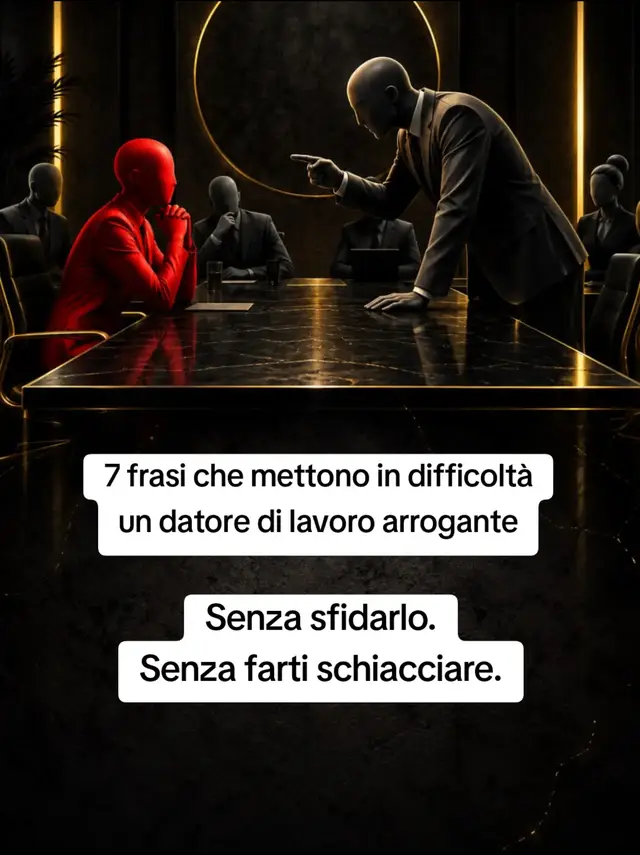 In questo carosello parliamo di: come rispondere a un datore di lavoro arrogante senza sfidarlo, come gestire pressioni, responsabilità scaricate, richieste poco chiare e tentativi di metterti in difficoltà davanti agli altri. Scoprirai: 7 frasi professionali e spiazzanti per distinguere le vere priorità dalla pressione, chiarire le responsabilità, proteggere il tuo ruolo e riportare la conversazione sui fatti. Un contenuto utile per chi cerca: come rispondere a un capo arrogante, frasi per farsi rispettare sul lavoro, come difendersi da un datore di lavoro prepotente, come gestire pressioni sul lavoro e cosa dire quando il capo scarica le responsabilità su di te. #datoredilavoro  #capoarrogante  #comunicazioneassertiva  #autodifesaverbale  #rispettosullavoro 