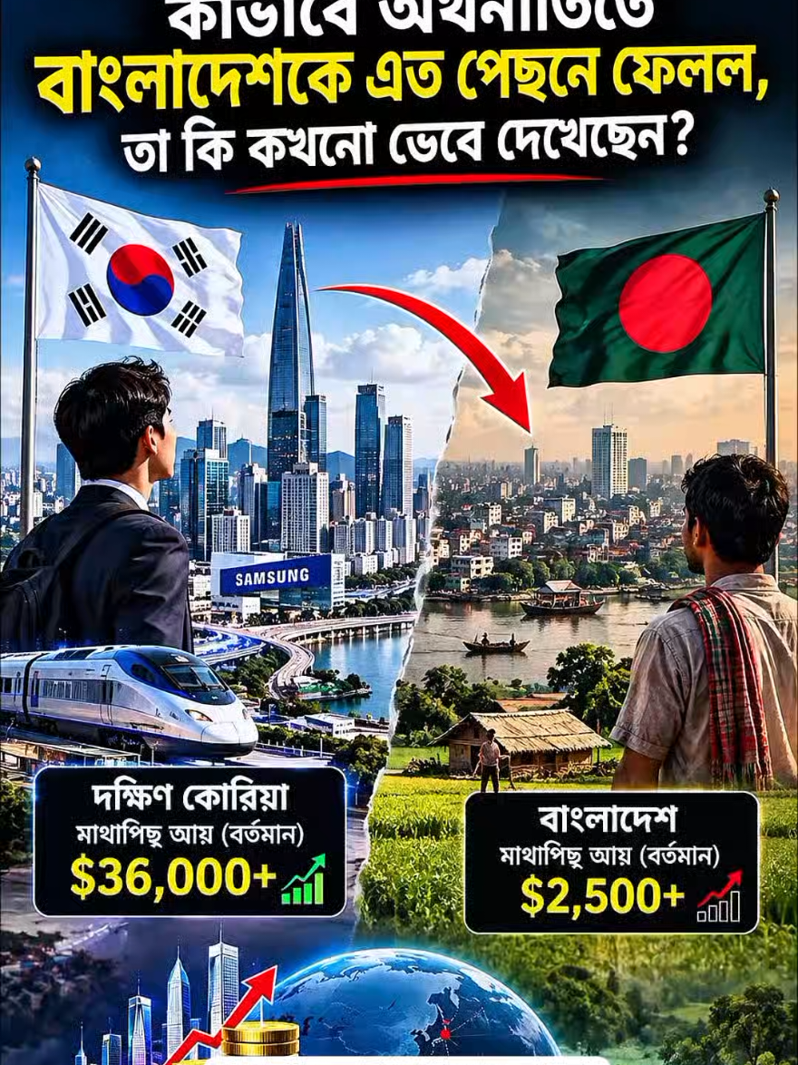 একসময় দক্ষিণ কোরিয়াও ছিল দরিদ্র। আজ তাদের মাথাপিছু GDP বাংলাদেশের তুলনায় প্রায় ১৪ গুণ। কীভাবে তৈরি হলো এই বিশাল ব্যবধান? 🇰🇷🇧🇩 Hashtags: #SouthKorea #Bangladesh #Economy #EconomicGrowth #Korea 
