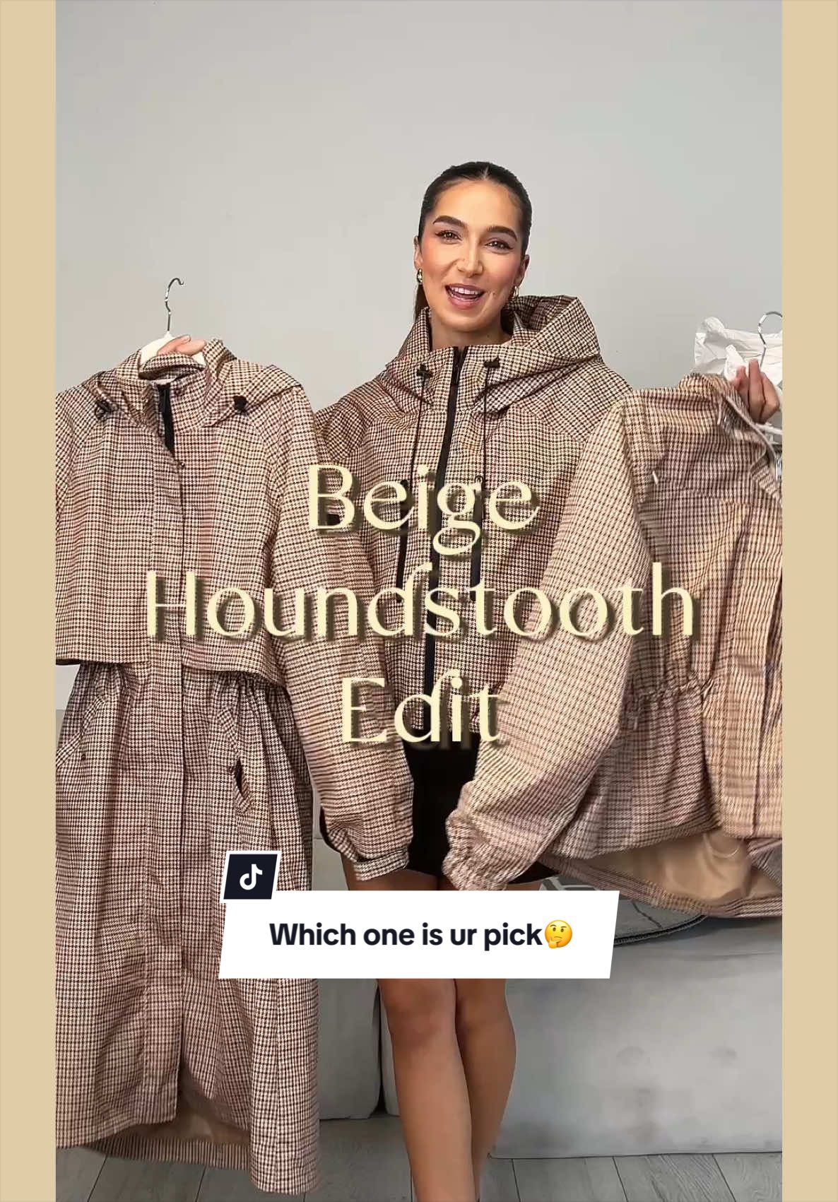 Beige houndstooth is having a little moment 🤎 For pretending you’ve got plans, popping out for a coffee, or just making the dog walk look more put together. Which one are you nicking?#puffit #beige #houndstooth #rainjacket #outerwear 
