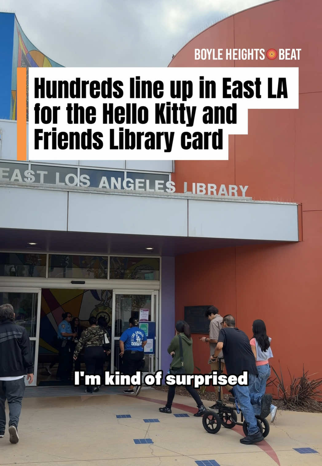 Hundreds of people lined up at the East Los Angeles Library this morning to collect the Hello Kitty and Friends library card. The cards were available starting Friday at any LA County Library location while supplies last. The first person in line arrived around 8 a.m. while the library doors opened at 10 a.m. 