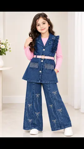 This is a stylish girls’ denim 3-piece outfit with a trendy, embellished design: Top: Soft ribbed pink full-sleeve shirt with a round neckline. Denim dress/vest: Dark-blue denim sleeveless A-line dress with a wide collar, ruffled shoulder details, silver-tone buttons, and decorative studs. Belt: A pink waist belt with a sparkling gold-tone buckle. Pockets: Two front patch pockets decorated with silver rhinestone detailing. Trousers: Matching wide-leg blue denim trousers featuring repeated rhinestone bow motifs, dotted lines, and small sparkling accents. Overall look: A cute, fashionable, coordinated outfit with a pink-and-blue color combination, suitable for a stylish girls’ casual or party look. #viralvideos #viraltiktok #unfreezemyacount #trending #virałpost @Ashfaq Ahmad @Noman Mehar 