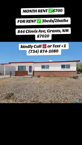 📩 DM now for more details or to schedule a viewing before it’s MONTH RENT ✅$700 FOR RENT ✅ 3beds/2baths  844 Clovis Ave, Grants, NM 87020 kindly Call ☎️ or Text +1 (734) 874-1080 PLEASE SUBMIT YOUR APPLICATION FIRST SO THAT WE CAN PREQUALIFY YOU BEFORE SCHEDULING A TOUR  #newmexico #rentalproperty #houseforrent #apartmenttour#tiktokshop  