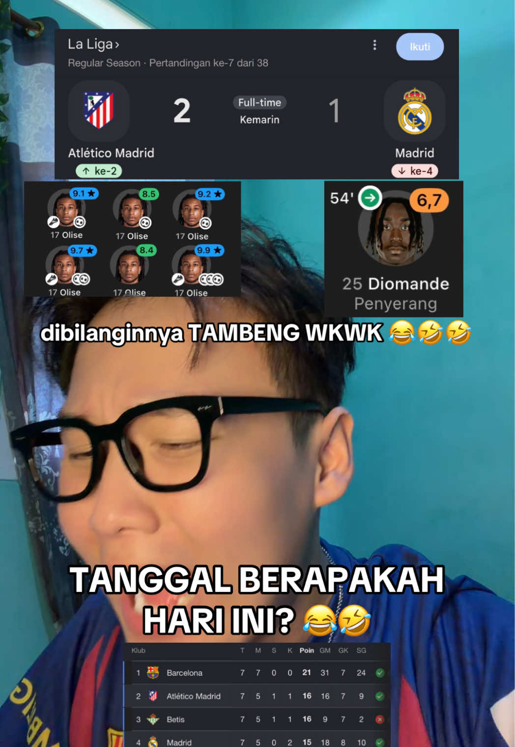 dibilanginnya TAMBENG WKWK 😂🤣🤣, TANGGAL BERAPAKAH HARI INI? 😂🤣 #realmadrid #realmadridfc #barcelona #laliga #olise 