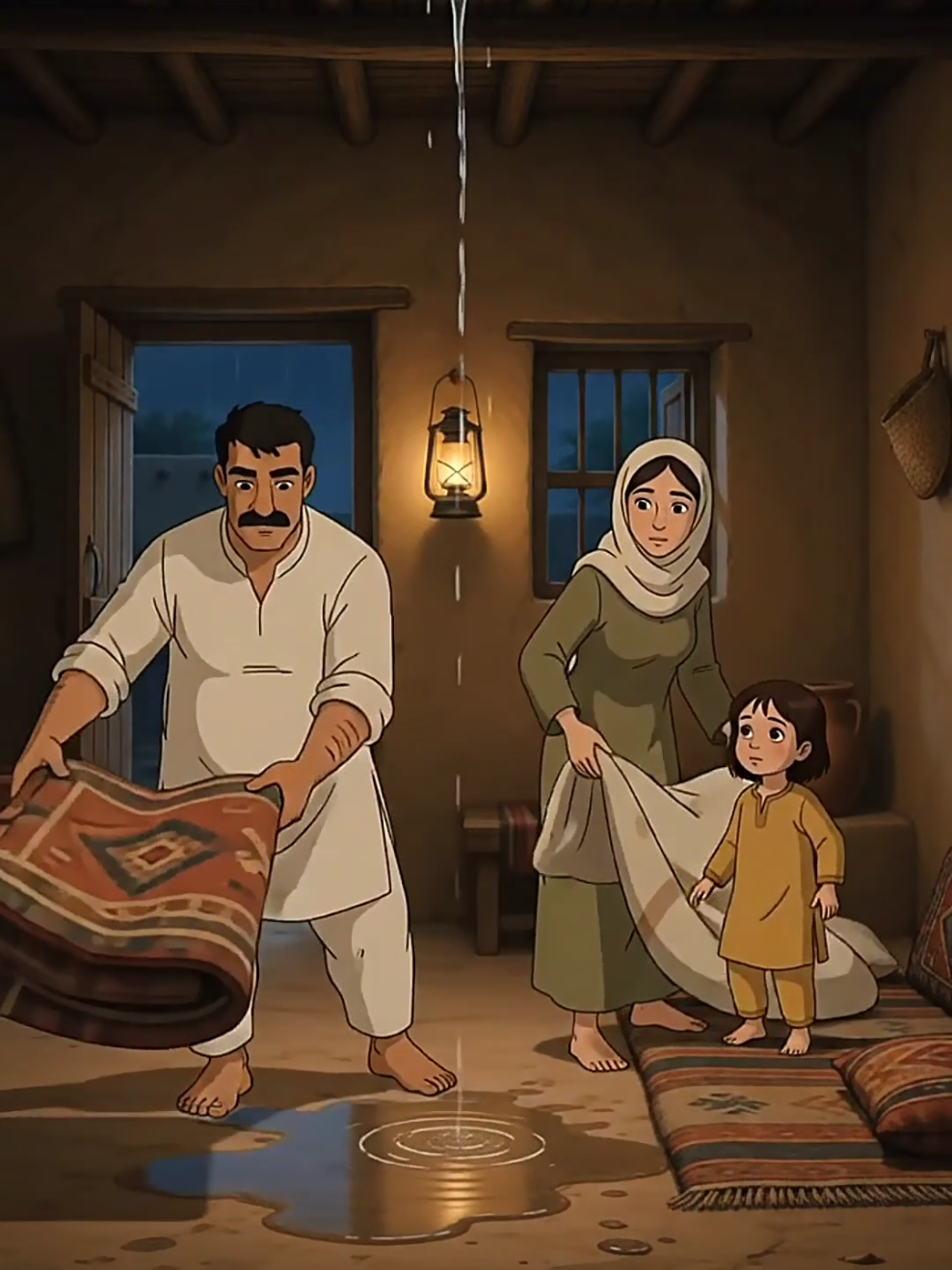 Heavy Rain Broke Through Their Roof… ❤️🌧️ #MistyVillage #VillageLife #Animation #rain #night 