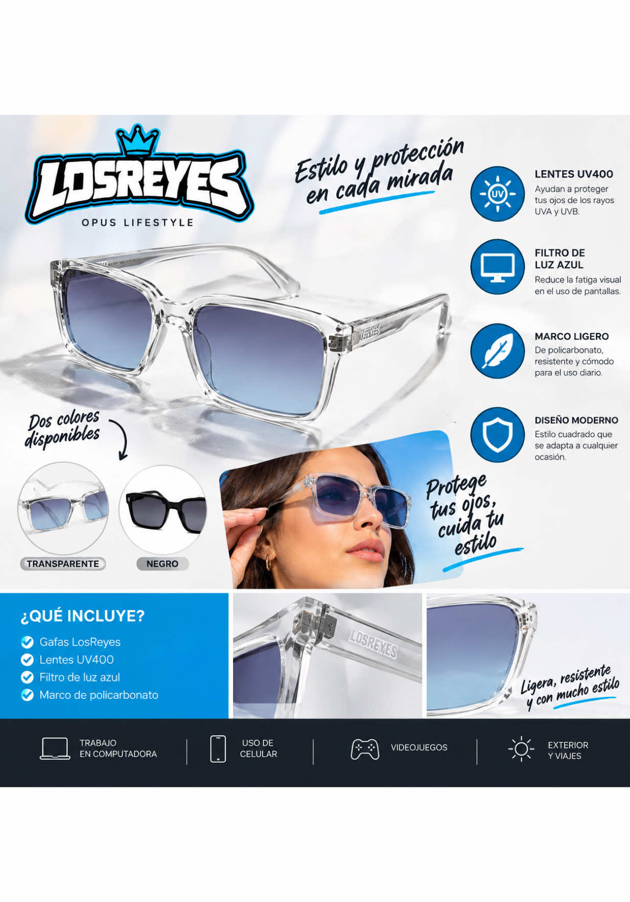 Gafas LosReyes de diseño cuadrado, ligeras y modernas, con lentes UV400 y filtro de luz azul para acompañarte todos los días.#GafasDeSol #BlueLightGlasses#tiktokbacktoschool #tiktokmademebuyit #fypシ 