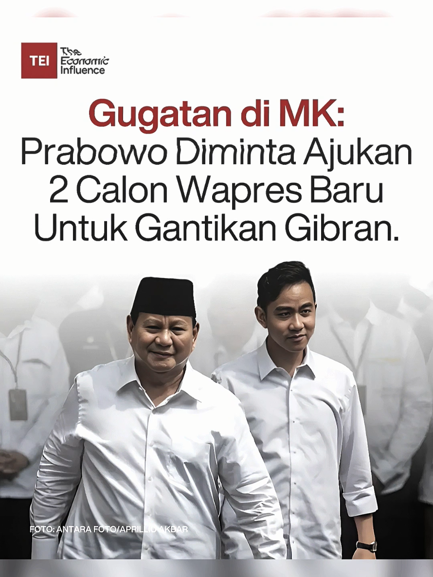 Presiden Prabowo Subianto harus mencari dua calon wakil presiden baru pengganti Gibran Rakabuming Raka jika Mahkamah Konstitusi (MK) mengabulkan gugatan keabsahan status wakil presiden saat ini (22/10/2026). Gugatan tersebut dilayangkan oleh Komite Independen Pemantau Pemilu (KIPP), Partai Ummat, Denny Indrayana, dan beberapa pihak lainnya. Mereka meminta MK menggugurkan Gibran karena dinilai tidak memiliki bukti tamat pendidikan minimal SMA atau sederajat saat mendaftar pada Pemilu 2024. Desakan pencarian pengganti ini tertuang spesifik dalam petitum ke-7 gugatan yang berbunyi, 