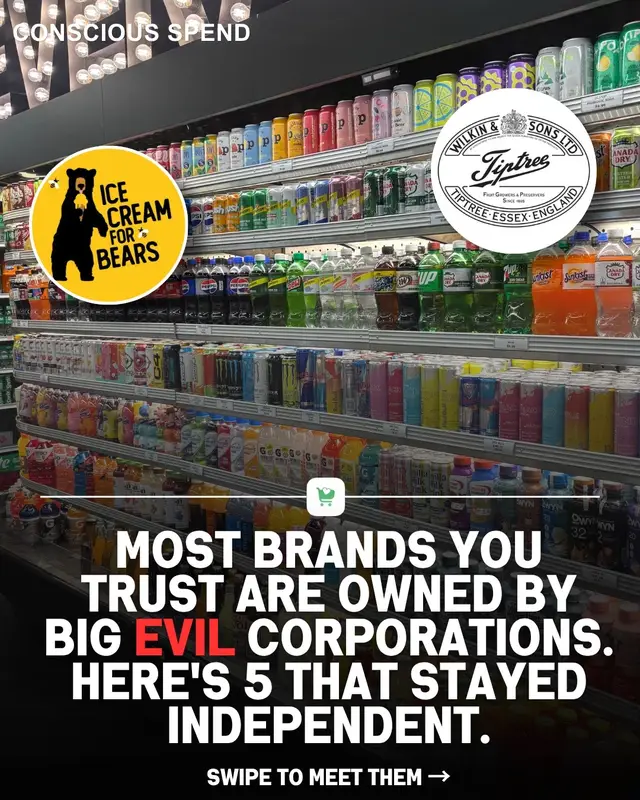 Most brands you trust are owned by big EVIL corporations. Here's 5 that stayed independent. Branch Basics This cleaning brand promises full ingredient transparency. When its supplier hid one ingredient in 2015, the three founders stopped selling for 18 months and built their own formula instead. Still independent today. Tiptree Wilkin & Sons has made Tiptree jam in the same Essex village since 1885. Through a trust, employees own almost half the company, and profits buy them more shares. No outside buyer has taken it. Kalona SuperNatural This organic dairy buys milk from Amish and Mennonite family farms around Kalona, Iowa, where the average herd is 35 cows, not 1,000. Its owner is a small local family company, not a food conglomerate. Pitaya Foods This San Diego frozen fruit company buys from more than 800 small family farms and helped them earn organic certification. Privately held, and a certified B Corp, audited on how it treats workers and suppliers. Ice Cream for Bears Founder Tim Berg sold his first pint at St. Louis farmers markets in 2022. Sweetened only with raw honey, grass-fed dairy from small family farms, now in thousands of stores, and still run by him. Many of the 