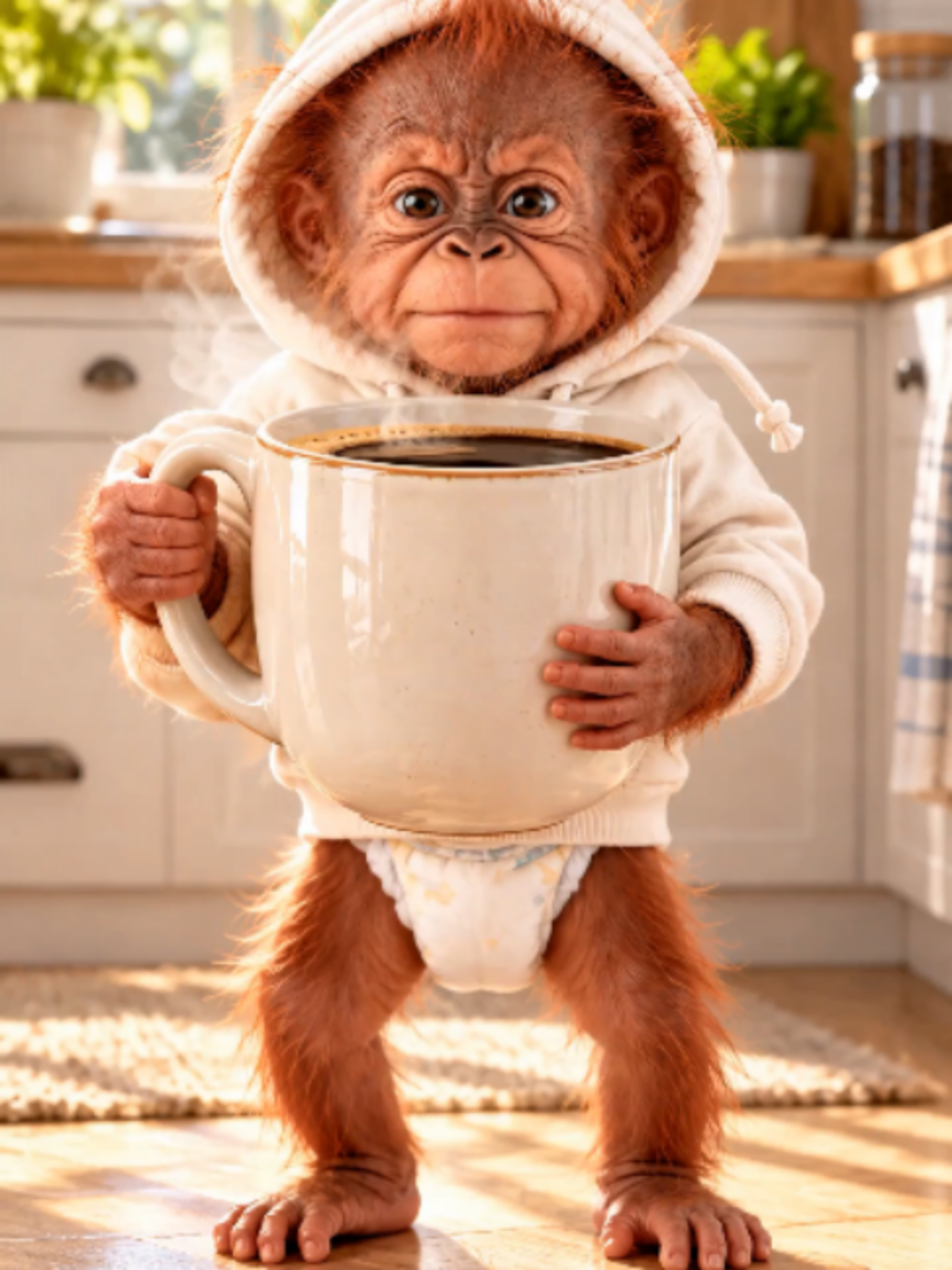 Nur der erste Schluck? ☕🐒😂 „Guten Morgen! Der ist nur für den ersten Schluck!“ ☕😌 Die Tasse wiegt offenbar mehr als das Äffchen. Nach drei Stolperschritten tut es trotzdem so, als hätte es alles im Griff. 😂 Wie groß müsste deine erste Tasse Kaffee morgens sein? #äffchenzeit #affe #gutenmorgen #kaffee #kaffeezeit