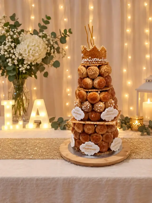 Une pièce montée généreuse et élégante, composée de délicieux choux caramélisés, garnis d’une crème onctueuse et délicatement décorés de petites touches gourmandes. 🤎 Le tout sublimé par une couronne raffinée et une décoration chaleureuse, pour un anniversaire rempli de douceur et de gourmandise. 🎂#foru #pourtoi #challenge #viral #maroc_france_belgeque 