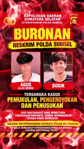 🚨 BURON KASUS PENGEROYOKAN DI PALEMBANG!     Kasus dugaan pengeroyokan dan penusukan di kawasan KM 7 Sukarame kini menanti ketegasan aparat. Dari Lima orang pelaku pengeroyokan Dua nama, Agus alias Menek dan Bogik, tercantum dalam DPO Ditreskrimum Polda Sumsel (Nomor 1121/VIII/2026). Namun hingga saat ini, keduanya belum berhasil diamankan.     Publik berharap Ditreskrimum Polda Sumsel segera bertindak tegas  🔴 #viral #Poldasumsel #kriminal #polrestabeskotapalembang #polseksukarami 