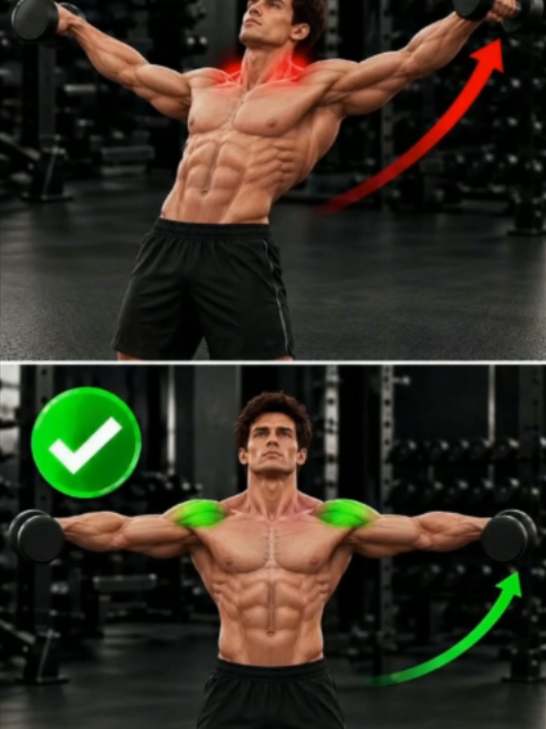 Lateral Raise ❌ vs ✅ Keep the lift controlled and stop around shoulder height.  #LateralRaise #ShoulderWorkout #ExerciseForm #exercise