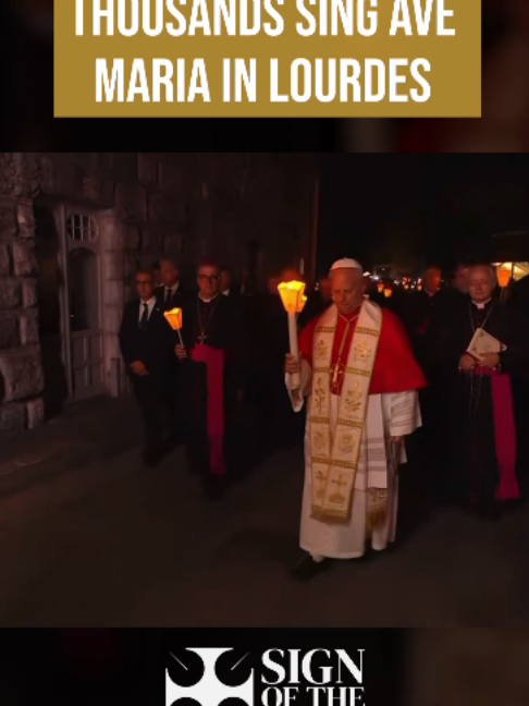 More than 200,000 join in praying the rosary at Lourdes. The Ave Maria echoes across the shrine. A sea of faith.