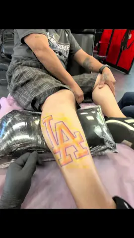 Custom LA logo for this sports fan. Absolutely no filters. Booking for November and December. #tattoo #fontana #inlandempire #tattooartist #tattooshop @REBORN TATTOO CARE 