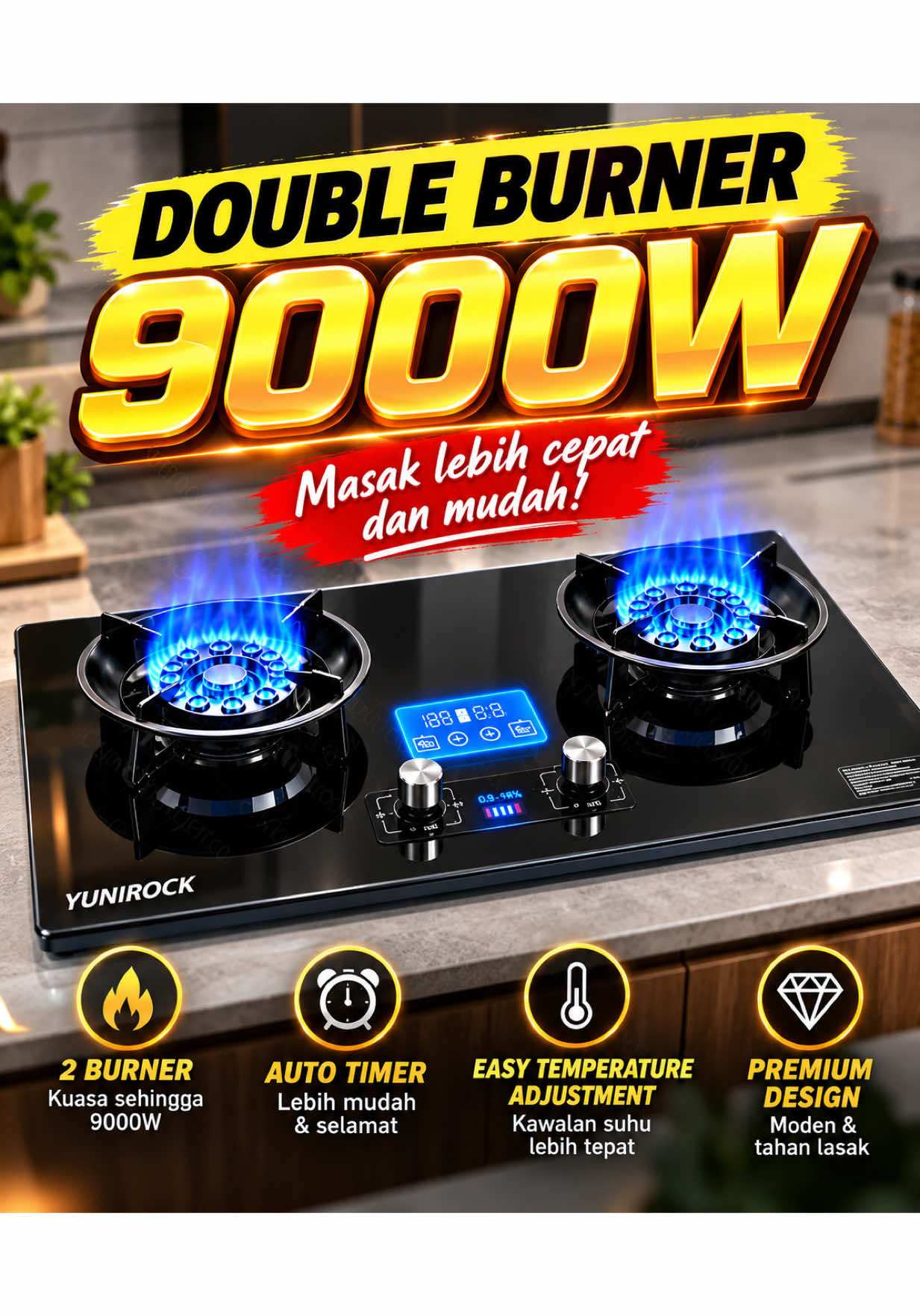 🔥 Nak masak lebih cepat & mudah? YUNIROCK Double Burner 9000W — dua burner, auto timer & kawalan suhu yang mudah. Sesuai untuk dapur yang nak nampak moden dan premium. 😍 Masak dua lauk sekali, lebih praktikal! 🔥 #DoubleBurner #GasStove #DapurRumah #KitchenGadgets #Yunirock