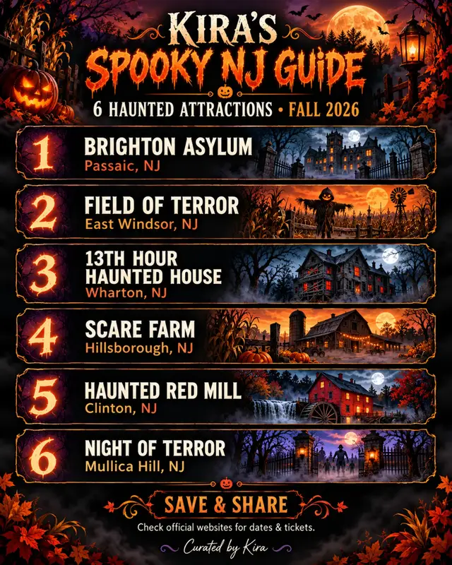 I put together 6 haunted attractions for your fall adventure! Which one would you dare to visit?  Save this list, tag your bravest friend, and check official websites for dates and tickets. ✨ Follow Kira for more places to explore! #NewJersey #NJHauntedAttractions #HauntedHouses #Halloween2026 #SpookySeason 