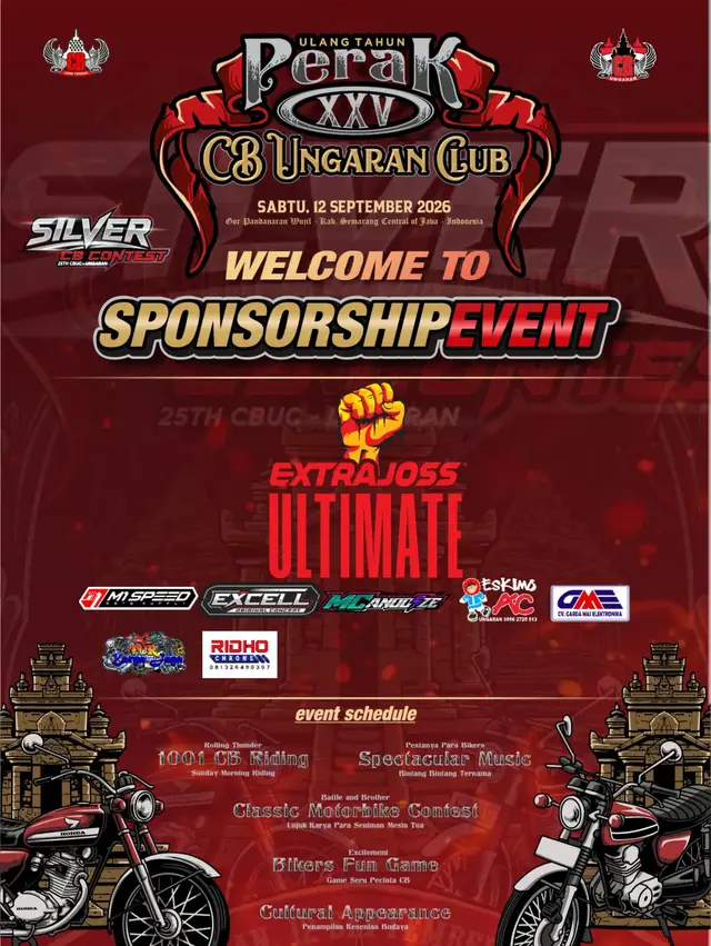 Thanks to Support @extrajossultimate Ulang Tahun Perak CB Ungaran Club 7 November 2026 Lokasi Gor Pandanaran Wujil - Kab. Semarang Informasi Kontes Sdr. Candra 0858-7536-7907 Official Merch PERAK CBUC Ungaran Harga 110.000 Spesifikasi: CATOON 24S | SABLON PLASTISO | TINTA SILVER GLITTER Includ : * Nomor Undian Doorprize * Sertifikat * Sticker * Lanyard Ganci * Packing Ziplock Pemesanan Kaos : Sdr. Dewa 0851-7206-0997 BCA SYARIAH 0577777907 a.n Buyung Angrinadewa #Cbucofficial #Cbjateng #Acaracb #Infoacaratouring