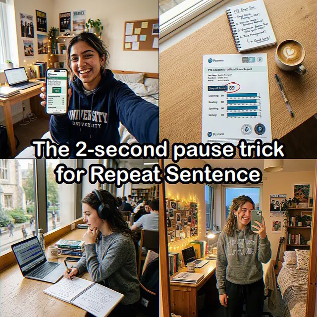 The 2-second pause trick for Repeat Sentence that changed everything 🎧✨ Most students lose marks in Repeat Sentence because they rush to speak the exact second the audio ends — causing hesitation, stuttering, and dropped fluency scores. Taking a deliberate 1.5–2s breath allows your brain to organize the sentence into 3 acoustic chunks. Try this today on PTE Flow with Spaced Repetition → Link in bio 🎯 #PTE #RepeatSentence #PTEAcademic #PTETips #StudyHacks
