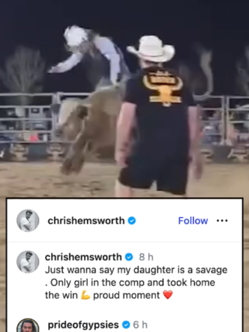 Aussie star Chris Hemsworth has proudly shared footage of his 14-year-old daughter, India, winning a bull-riding competition, calling her 