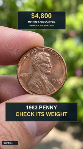 A 1983 penny deserves a weight check—not a wild guess. 🪙 Normal zinc cents weigh about 2.50 g; an unusual copper-planchet cent is around 3.11 g. NGC reports an MS61 RB example selling for $4,800 through Heritage in 2020. That is one historical sale, not a price for every 1983 penny. A scale reading alone does not authenticate the metal or the error. Start identifying your coins and exploring estimated values with CoinClue: https://coinclue.app/ #CoinClue #PennyHunting #USCoins #CoinCollecting #CheckYourChange Visuals are AI-generated illustrations, not photographs of the authenticated auction specimens or evidence of a diagnostic. The reused ending scan is an illustrative demo of a different coin, not an appraisal of the featured coin. CoinClue estimates do not replace professional authentication or guarantee a sale price. Sources: https://www.ngccoin.com/news/article/12725/face-value-1983-cents/