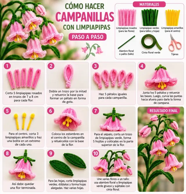 Materiales * Limpiapipas rosados para las flores * Limpiapipas verdes para tallos y hojas * Limpiapipas amarillos para el centro * Alambre floral o limpiapipas verde grueso * Cinta floral verde * Tijeras Paso a paso 1. Prepara los pétalos. Corta 5 trozos de limpiapipas rosado de aproximadamente 7–8 cm para cada flor. 2. Forma un pétalo. Dobla cada trozo por la mitad, junta los extremos y retuércelos en la base. Ábrelo ligeramente hasta formar una gota alargada. 3. Haz los cinco pétalos. Repite el procedimiento hasta tener 5 pétalos aproximadamente iguales. 4. Forma la campanilla. Junta los 5 pétalos y retuerce sus bases. Curva las puntas hacia afuera para conseguir la característica forma de campana. 5. Prepara los estambres. Corta 3 pequeños trozos de limpiapipas amarillo. Haz una pequeña bolita doblando o enrollando uno de los extremos. 6. Coloca el centro. Introduce los estambres amarillos en el centro de la campanilla y retuércelos junto con la base de la flor. 7. Haz el sépalo. Con un pequeño trozo de limpiapipas verde, forma varias puntas u hojitas y colócalas alrededor de la parte superior de la flor. 8. Añade el tallo. Sujeta la flor a un alambre floral o limpiapipas verde grueso y cúbrelo con cinta floral verde. 9. Haz las hojas. Dobla limpiapipas verdes formando hojas largas y puntiagudas. Retuerce los extremos para cerrarlas. 10. Forma el ramito. Haz varias campanillas y colócalas a diferentes alturas sobre uno o varios tallos. 11. Toque final. Curva suavemente los tallos para que las flores queden ligeramente inclinadas hacia abajo y acomoda los pétalos y las hojas. ¡Tu ramito de campanillas rosadas está listo! #paratiiiiiiiiiiiiiiiiiiiiiiiiiiiiiii #flowers #DIY 