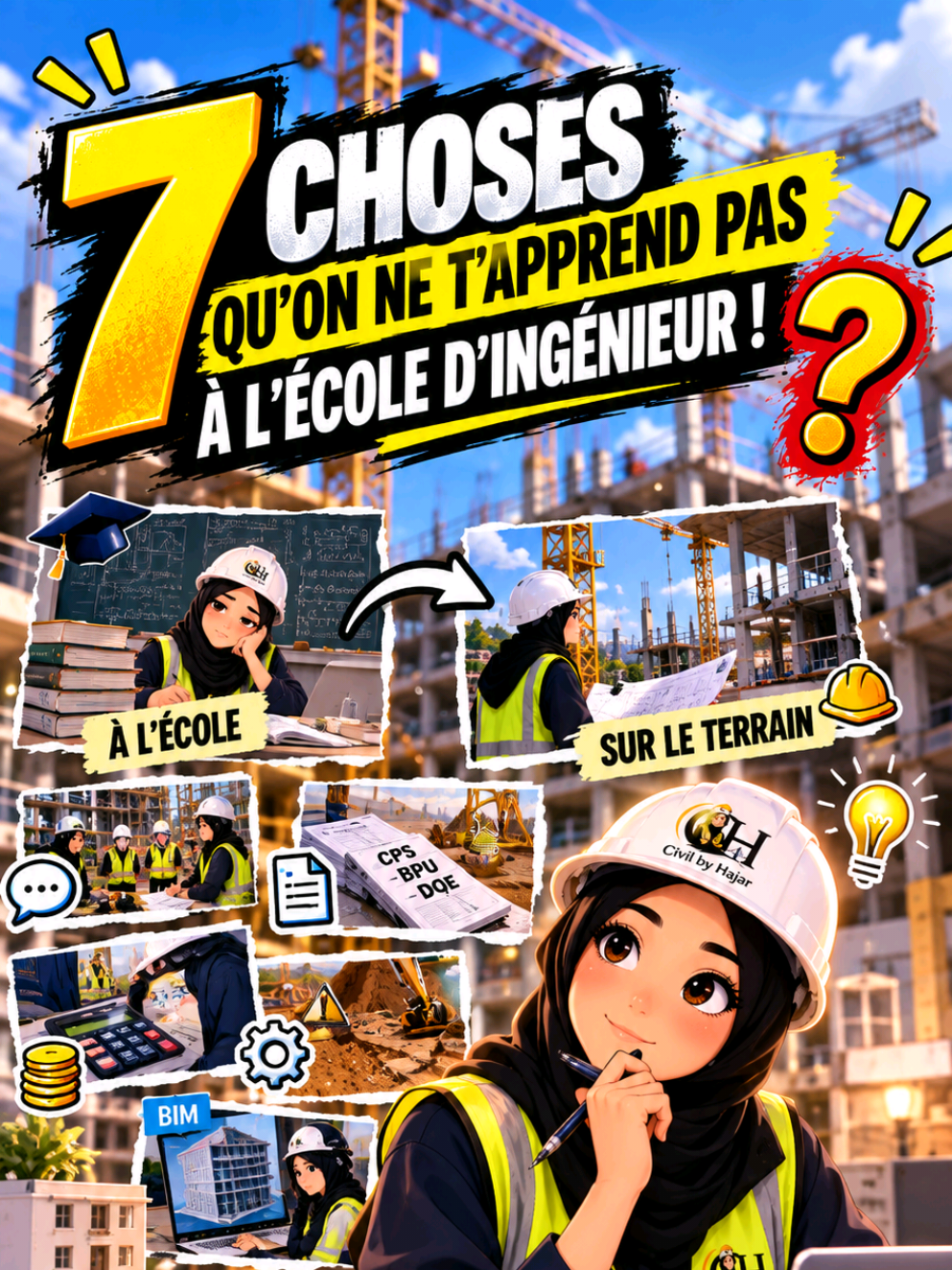 7 CHOSES QU’ON NE T’APPREND PAS À L’ÉCOLE D’INGÉNIEUR 👀 Tu peux réussir tes études en Génie Civil… mais être ingénieur sur le terrain, c’est autre chose. 👀🏗️ Voici 7 compétences essentielles qu’on apprend souvent avec l’expérience : chantier, communication, marchés, coûts, imprévus, carrière… 💬 Laquelle t’aurais aimé apprendre plus tôt ? Et si tu es étudiant(e) ou jeune ingénieur(e), abonne-toi à Civil by Hajar pour apprendre le Génie Civil de A à Z. 🏗️ #GenieCivil #BTP #IngenieurCivil #CivilEngineering #EtudiantIngenieur 