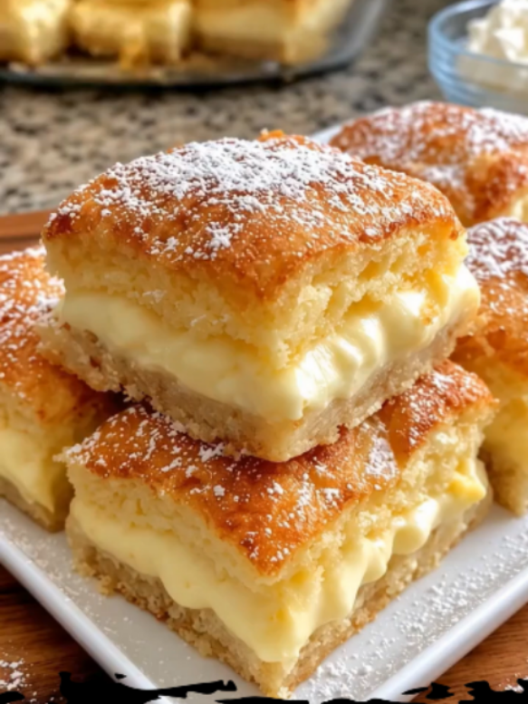 CUSTARD-FILLED PASTRY SQUARES 🍮✨ Golden, flaky pastry filled with smooth vanilla custard — a delicious treat perfect for breakfast or tea time! ✨ Full ingredients and directions are on my page (below my profile photo ) ⬆️
