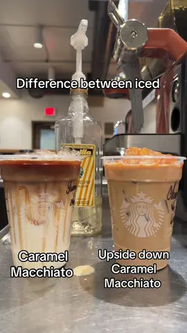 🤎 Iced Caramel Macchiato: vanilla syrup → milk → ice → espresso → caramel drizzle 🤎 Upside-Down: the ingredients are reversed, so the espresso is mixed differently throughout the drink. Same delicious flavors, different build! Which one are you ordering? 👀#starbucks #starbucksdrinks #starbuckssecretmenu #starbucksorder #fyp 