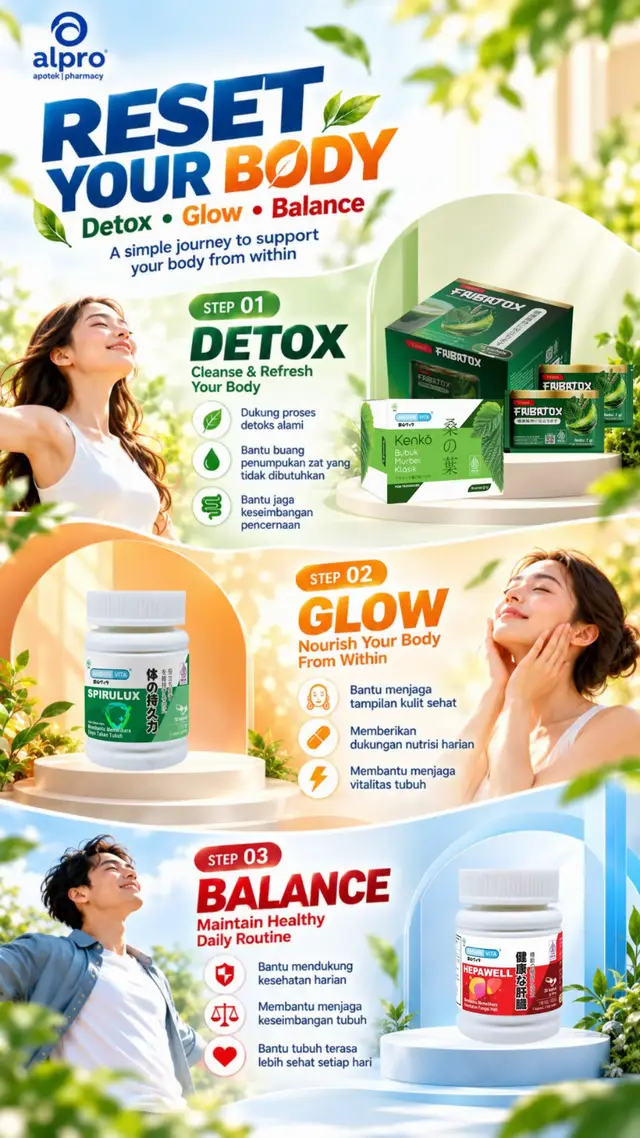 ✨ READY FOR RESET YOUR BODY?🌿 Rutinitas padat, kurang istirahat, sampai pola hidup yang nggak teratur bisa bikin tubuh terasa kurang fresh dan kulit terlihat nggak maksimal. Saatnya kasih tubuh support dari dalam. 💚 Lewat pilihan produk RESET YOUR BODY, lengkapi daily routine untuk membantu: ✨ Menjaga kesehatan & tampilan kulit   🌿 Mendukung proses alami tubuh   💚 Menjaga keseimbangan tubuh sehari-hari   ⚡ Membantu tubuh tetap fit dan terasa lebih fresh Karena tampil fresh bukan cuma soal yang terlihat dari luar, tapi juga bagaimana kita merawat tubuh dari dalam. RESET. RECHARGE. FEEL GOOD. ✨ Temukan rangkaian RESET YOUR BODY pilihanmu di Apotek Alpro. 🛒💚 #MomenBarengApotekerAlpro #HariApotekerSedunia #ObatTepatHatiTenang #WPD2026