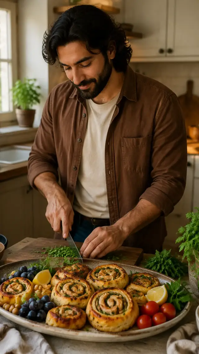 Espirais de frango com espinafre e pimentão Receita colorida de espirais de frango e legumes Ingredientes 500 g de massa folhada 280 g de frango desfiado 160 g de espinafre 1/2 pimentão vermelho picado 1/2 pimentão amarelo picado 2 colheres de sopa de azeite 1 colher de chá de páprica 1 pitada de sal 1 ovo para pincelar   Modo de preparo Aqueça o azeite e refogue os pimentões por alguns minutos. Adicione o espinafre e cozinhe até murchar. Junte o frango e tempere com páprica e sal. Misture bem e deixe esfriar. Abra a massa e coloque o recheio em uma camada fina e uniforme. Enrole até formar um cilindro. Corte em rodelas e acomode em uma assadeira sem encostar umas nas outras. Pincele com ovo e asse a 200°C por cerca de 25 minutos. Sirva com ervas frescas e tomates ao redor. 