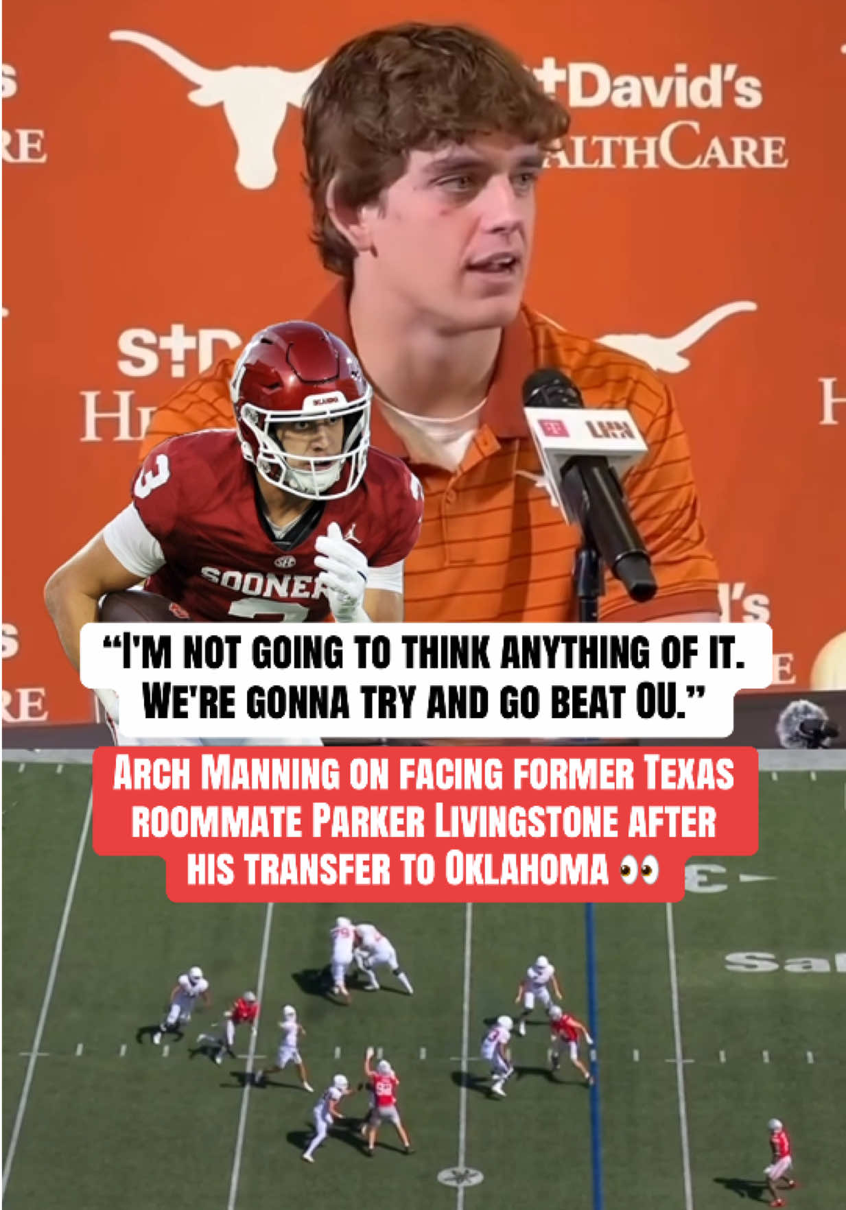 Arch Manning isn't letting friendships get in the way of Red River 👀 The Texas QB will face former roommate and best friend Parker Livingstone for the first time since his transfer to Oklahoma. (via Orangebloods_/IG) #cfb #CollegeFootball #football #texasfootball #archmanning 