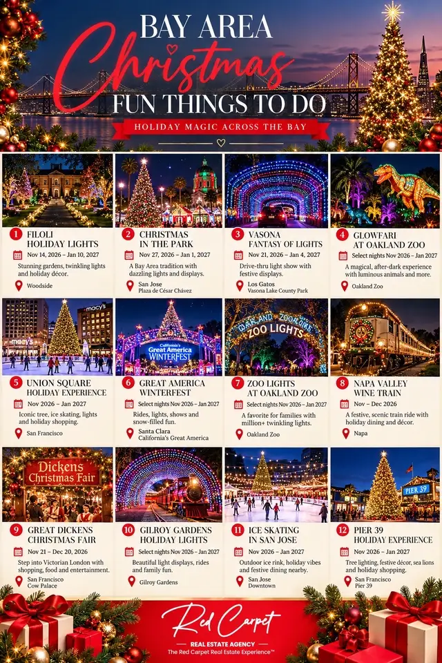 From twinkling light displays and holiday markets to ice skating, festive train rides and Christmas traditions, there are SO many ways to celebrate this season!  Save this post for your Bay Area Christmas bucket list and send it to someone you want to make holiday memories with! 🎅🏼🎁✨ Which one are you going to first?  📍 Bay Area, California 🏡 Presented by Red Carpet Real Estate Agency ✨ The Red Carpet Real Estate Experience™ #BayAreaChristmas #BayAreaHolidays #ChristmasInTheBay #SiliconValley #SanJose       