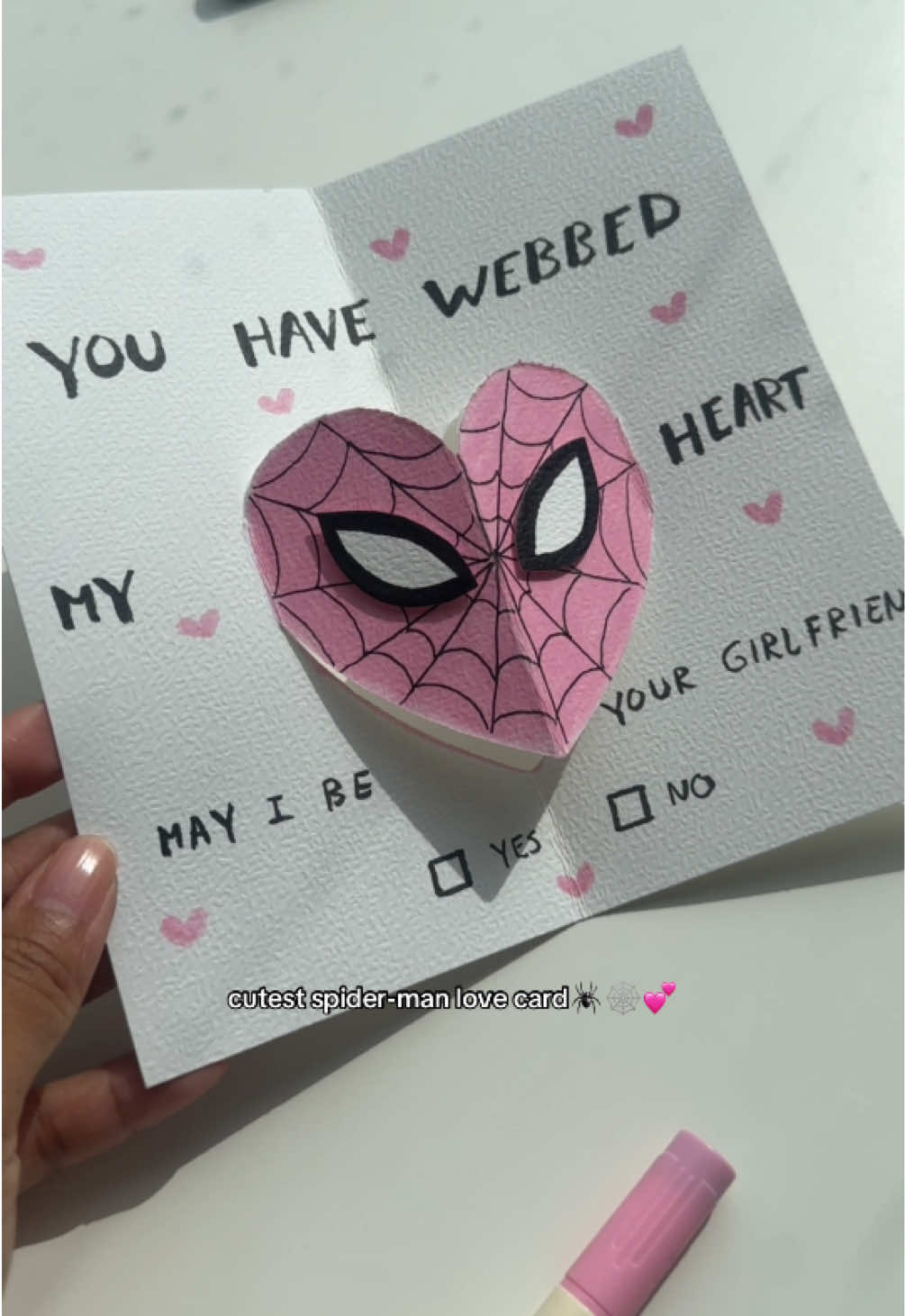 I will upload the full YouTube this week! make the cutest spider-man pop-up gift card with me🕷️🕸️💕 “you have webbed my heart. May I be your girlfriend, yes or no”  #handmadegift #giftcard #popupcard #spiderman #giftidea  join my TikTok member board and craft with me🎨🖌️🫟 step by step tutorial | gift idea | pop-up card | Spider-Man idea | craft idea | easy craft | paper craft | 