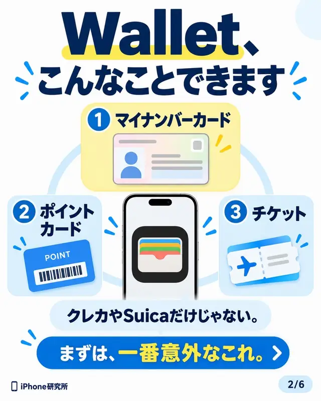 Apple Walletって クレカやSuicaだけだと思ってませんか？ iOS 27では、 バーコード・QRコード付きの ポイントカードや会員証も Walletにまとめられるようになりました。 物理カードを撮る方法と、 スマホ内のカードをスクショする方法、 どちらも使えます。 登録したら、 お店ではWalletからコードを提示するだけ。 家に眠っているポイントカード、 一度チェックしてみてください。 あとで試せるように保存がおすすめです📌 #iPhone #iOS27 #Wallet #AppleWallet #ポイントカード 